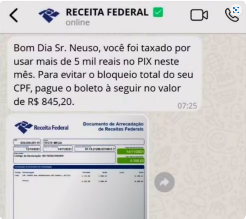 Receita Federal alerta para tentativa de golpe com falsa cobrança de taxa sobre o PIX