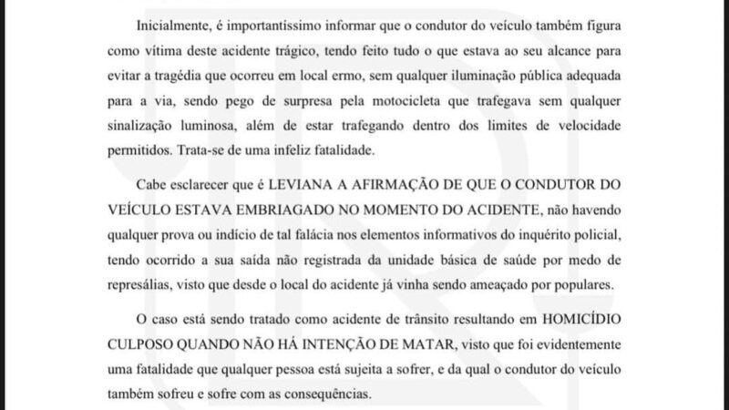 Defesa de médico envolvido em acidente divulga nota pública