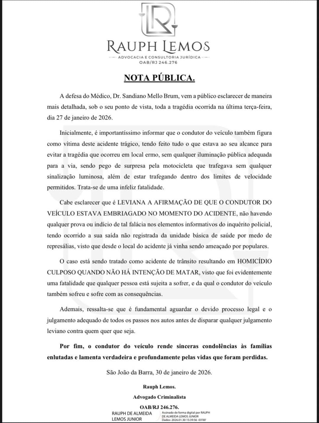 Defesa de médico envolvido em acidente divulga nota pública