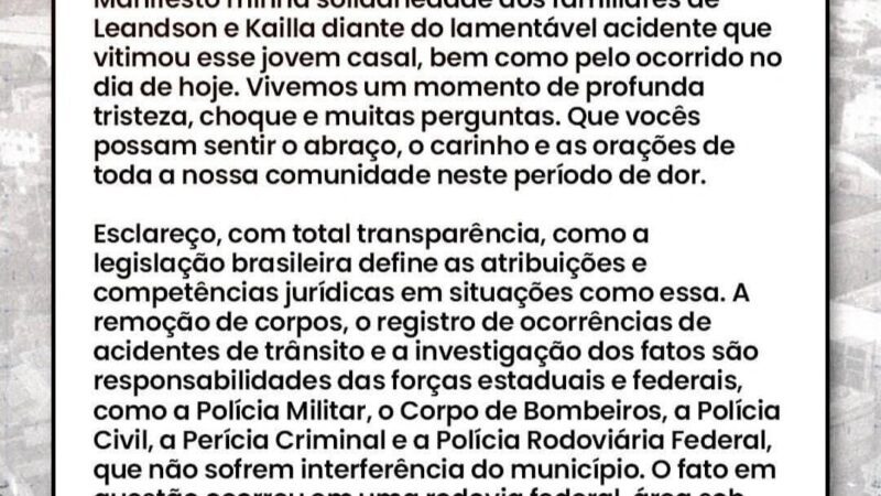 Prefeita Carla Caputi se solidariza com famílias de vítimas de acidente na BR-356