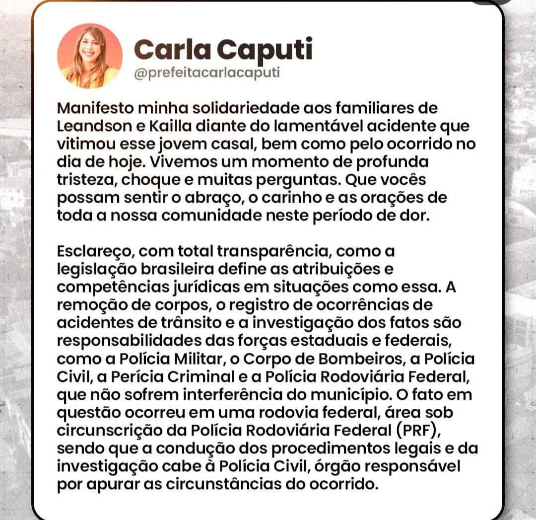Prefeita Carla Caputi se solidariza com famílias de vítimas de acidente na BR-356