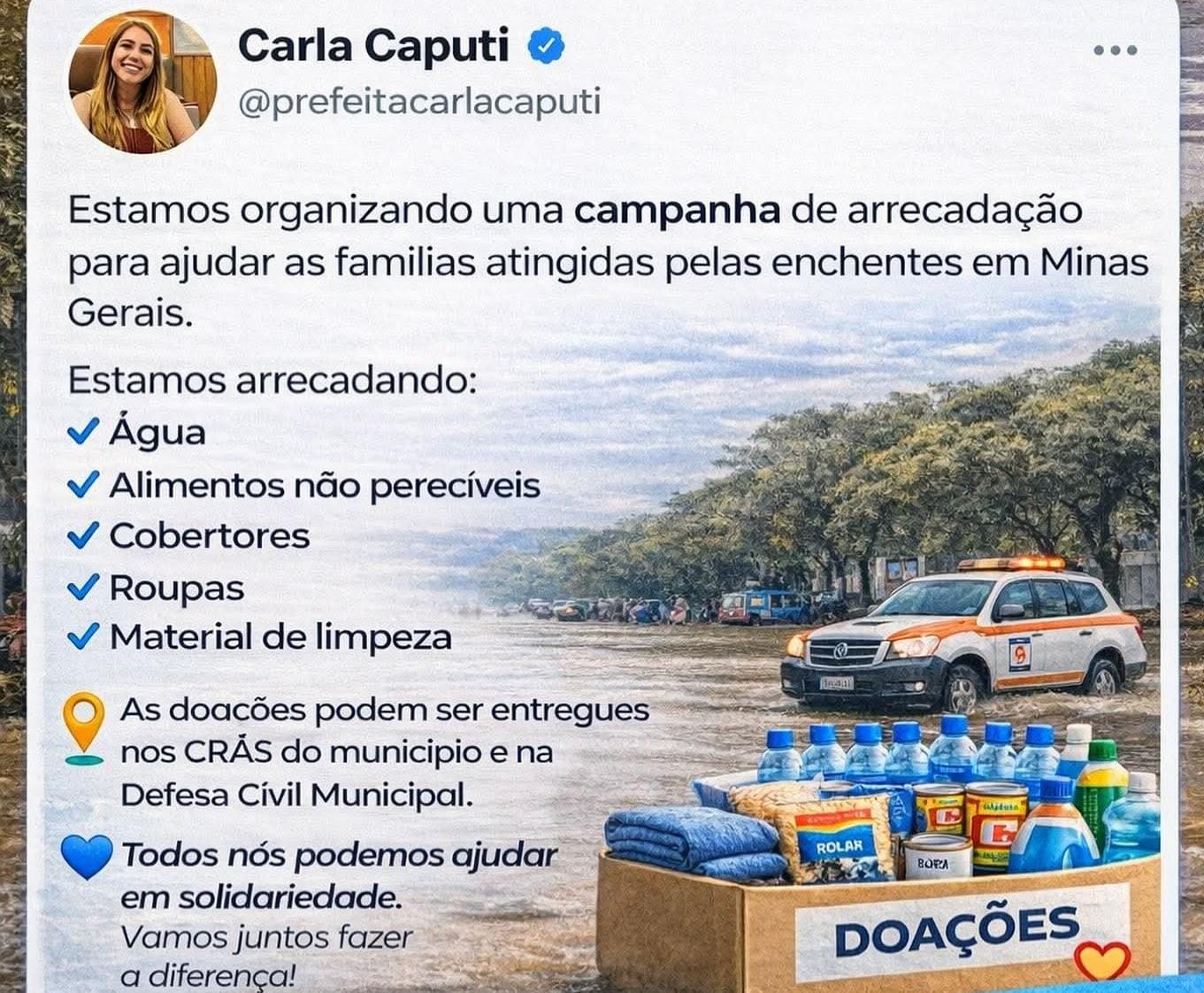 Carla Caputi convoca sanjoanenses para campanha por vítimas das chuvas em MG