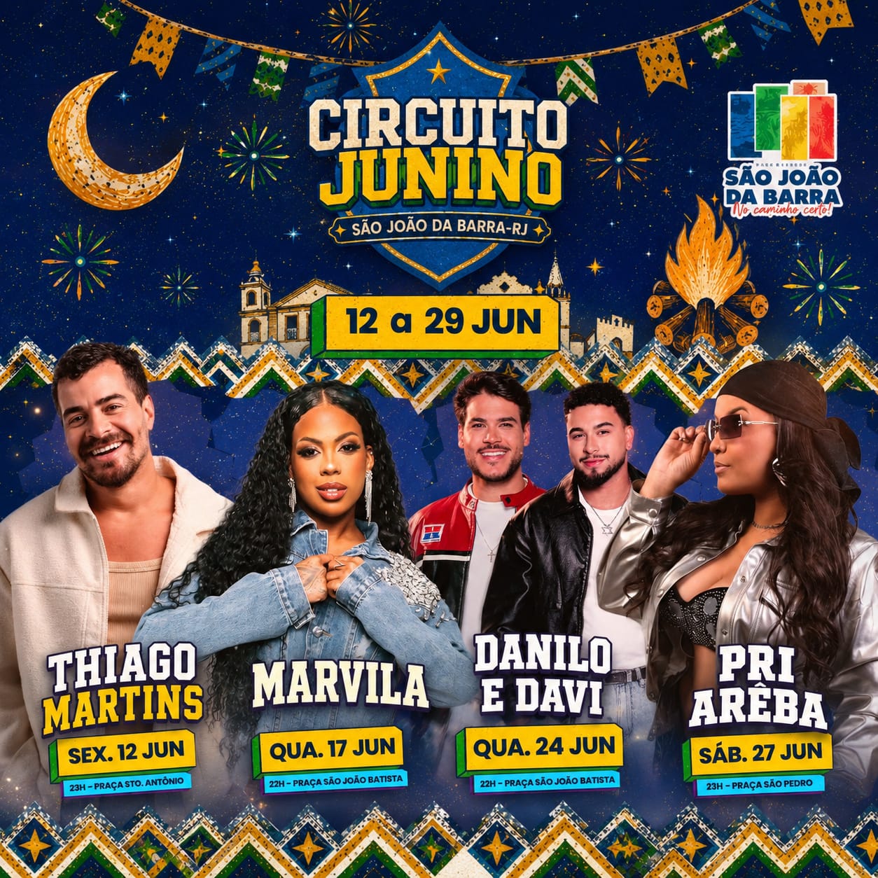 Pagode com Thiago Martins e Marvvila, sertanejo de Danilo e Davi, e piseiro com Pri Arêba no Circuito de SJB