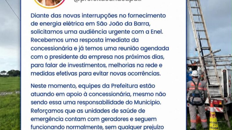 Após novo apagão, Prefeitura de SJB cobra providências da Enel e agenda reunião com presidência da concessionária